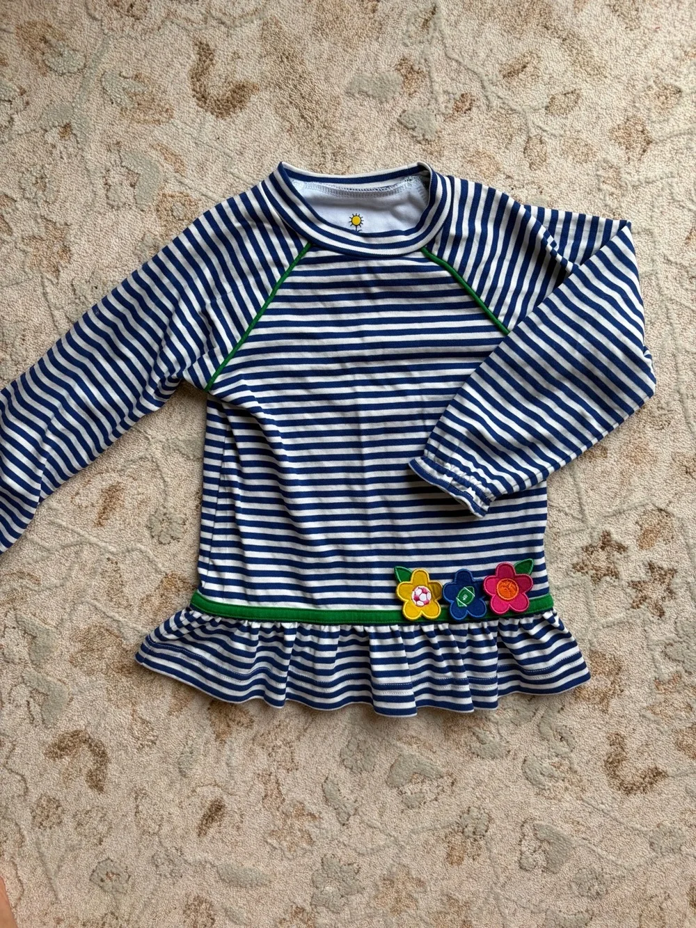 Florence Eiseman Striped Sports Flower Appliqué Long Sleeve Peplum Tunic Top